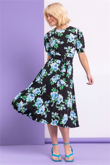 Black Floral Pleated Fit & Flare Dress, Image 3 of 5