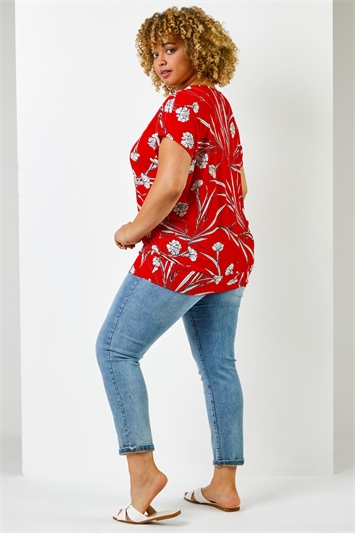 Red Curve Floral Print Keyhole Detail Top, Image 2 of 5