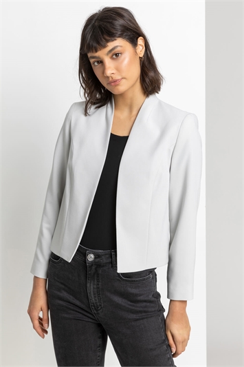 Grey Cropped High Collar Crepe Jacket