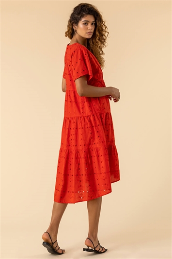 Red Broderie Tiered Smock Dress, Image 2 of 5