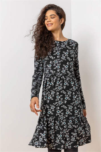 Black Floral Print Tiered Dress, Image 1 of 4