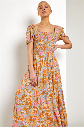 Orange Retro Floral Print Tiered Maxi Dress, Image 3 of 5