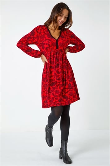 Red Floral Print Stretch Jersey Dress