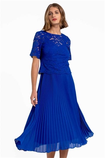 Royal Blue Lace Top Overlay Pleated Midi Dress