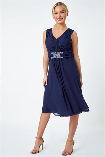 Blue Petite Embellished Waist Stretch Dress