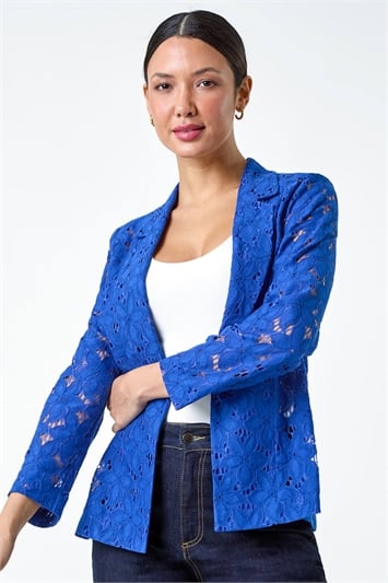 Blue Cotton Blend Floral Lace Jacket