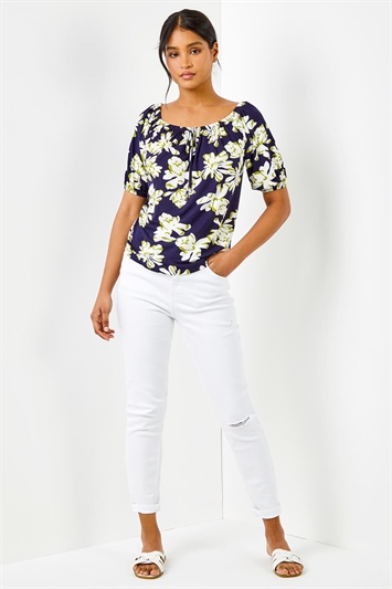 Navy Floral Print Stretch Bardot Top, Image 3 of 5