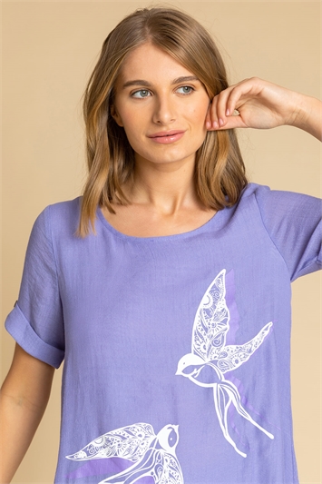 Purple Bird Print Asymmetric Tunic Top, Image 4 of 4