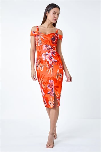 Orange Premium Stretch Floral Cold Shoulder Dress