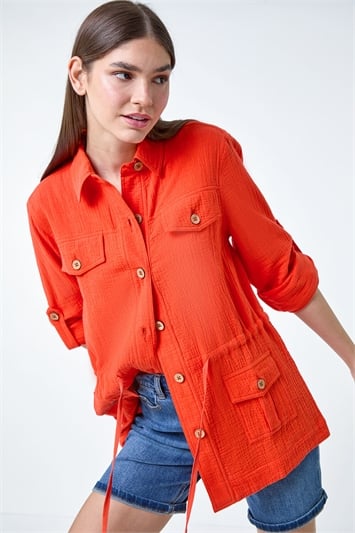 Orange Textured Tie Waist Shirt Jacket
