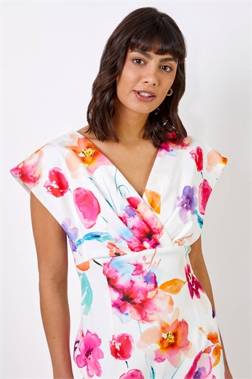 Ivory Floral Print Cross Front Midi Dress, Image 4 of 4