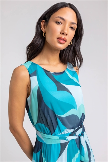 Turquoise Abstract Print Pleated Maxi Dress, Image 4 of 5