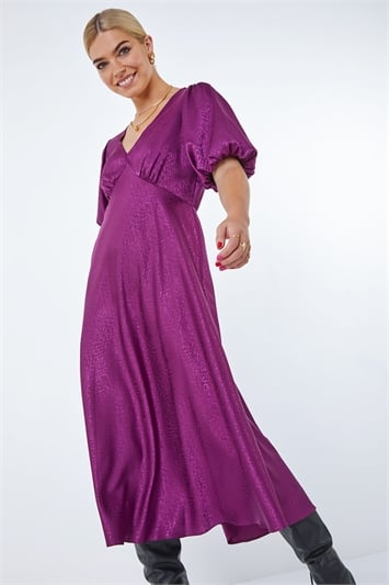 Purple Puff Sleeve Satin Midi Dress