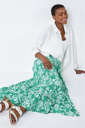 Green Floral Tiered Tassel Tie Midi Skirt