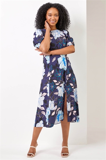 Navy Petite Floral Print Puff Sleeve Midi Dress, Image 3 of 4