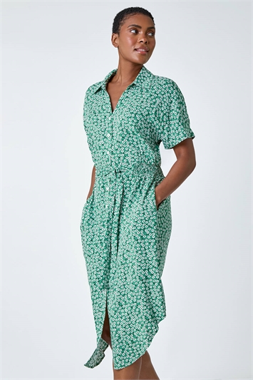Green Ditsy Floral Print Shirt Dress