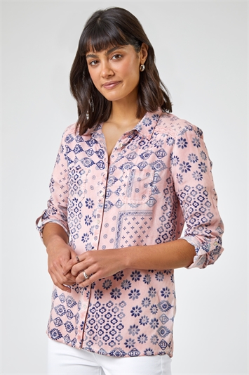 Light Pink Mixed Geo Print Lace Detail Shirt, Image 5 of 5