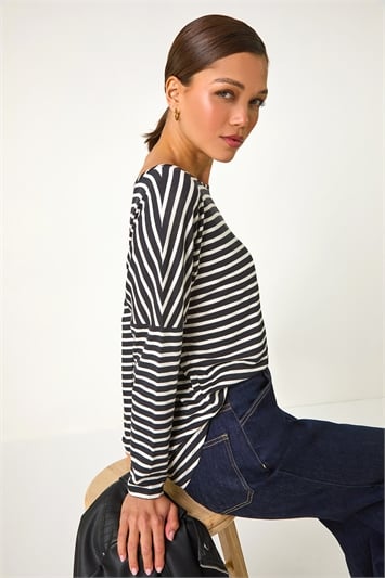 Black Relaxed Stripe Print Long Sleeve Stretch Top