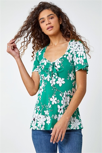 Green Textured Floral Print Ruched Top