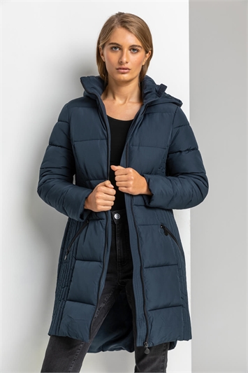 Navy Quilted Longline Hooded Coat