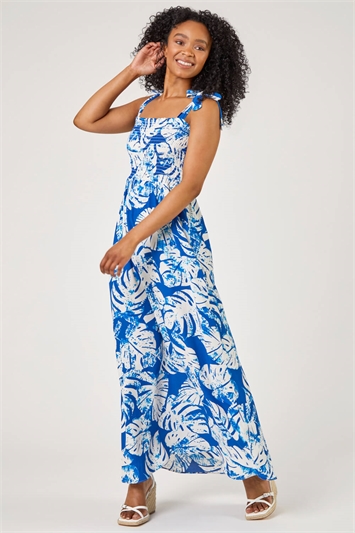 Blue Petite Tropical Print Shirred Maxi Dress , Image 3 of 5