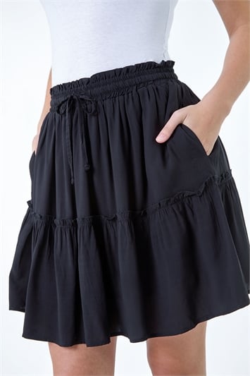Black Tiered Tie Detail Pocket Mini Skirt