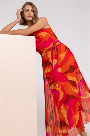 Orange Abstract Print Pleated Maxi Dress, Image 5 of 5