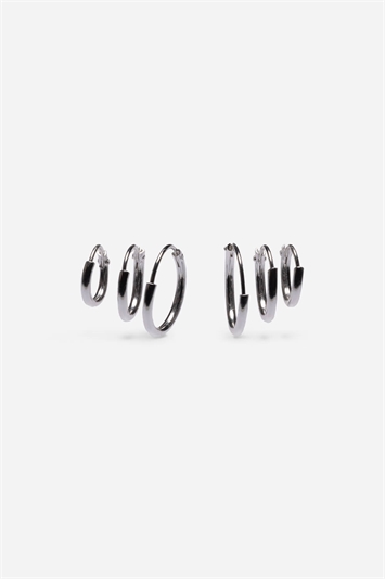 Metallic Sterling Silver 3 Pair Mini Hoop Earring Set