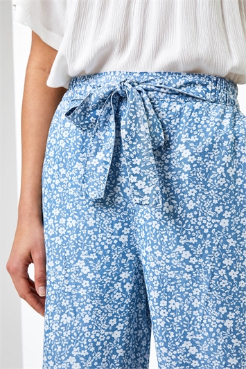 Light Blue Ditsy Floral Print Waist Tie Culottes, Image 5 of 5