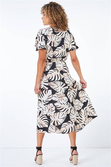Black Petite Leaf Print Tie Waist Maxi Dress, Image 2 of 5
