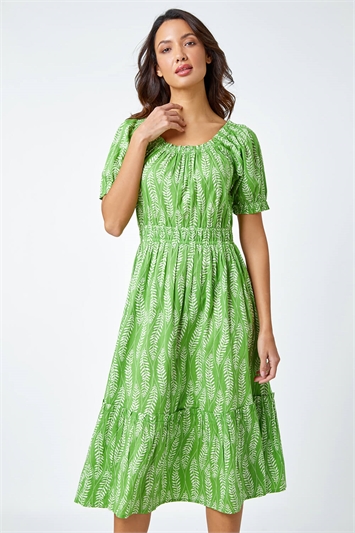 Green Leaf Print Stretch Neck Midi Dress