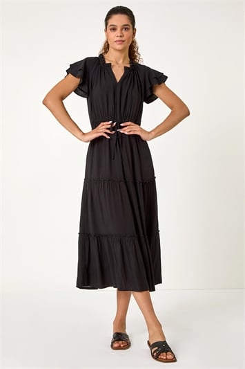 Black Plain Frill Detail Tiered Midi Dress