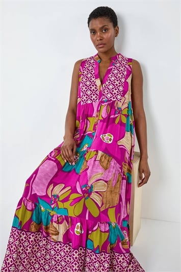 Multi Boho Floral Print Smock Maxi Dress