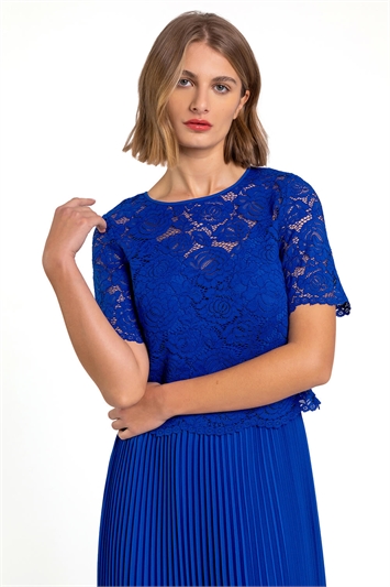 Royal Blue Lace Top Overlay Pleated Midi Dress, Image 4 of 4