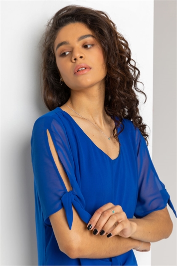 Blue Chiffon Layered Tie Front Top