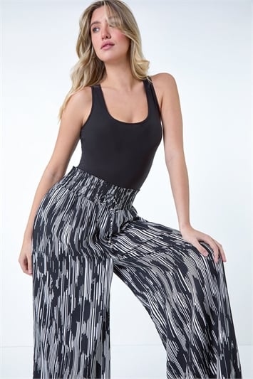 Black Abstract Stretch Shirrred Wide Leg Trousers