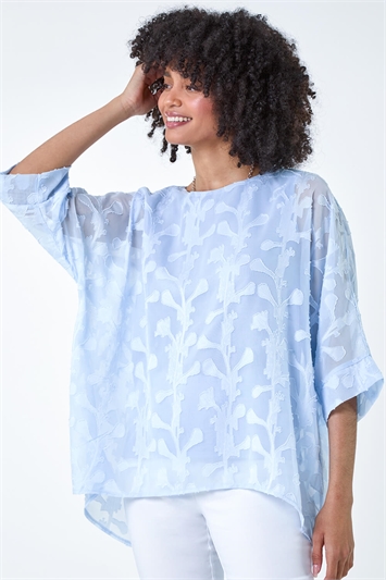 Blue Burnout Floral Dipped Hem Overlay Tunic Top