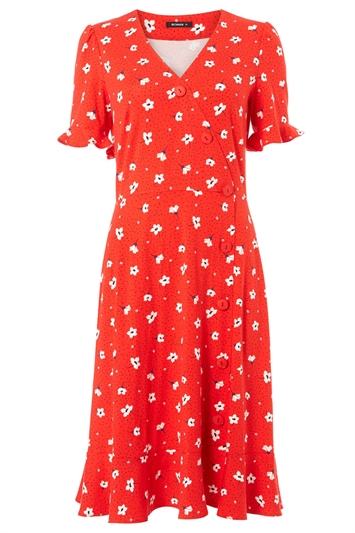 Red Floral Stretch Jersey Tea Dress, Image 4 of 4
