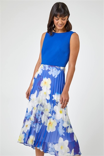 Royal Blue Floral Print Fit & Flare Dress, Image 3 of 4