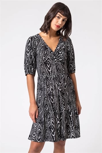 Black Animal Print Tiered Ruched Detail Dress