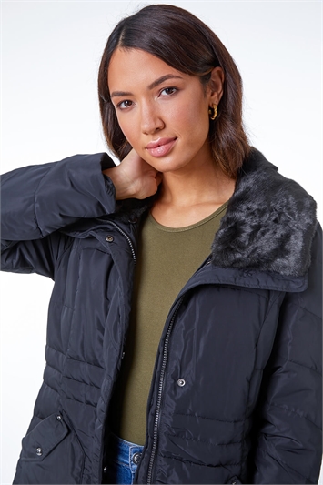 Black Faux Fur Collar Quilted Coat, Image 1 of 5