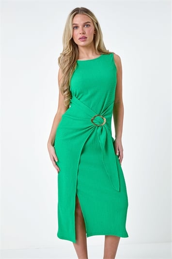 Green Petite Textured Buckle Wrap Dress