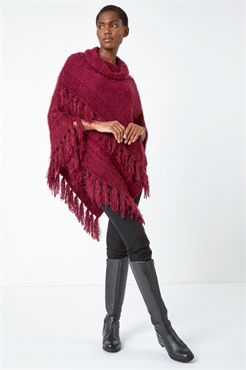 Red Cowl Neck Fluffy Fringed Poncho