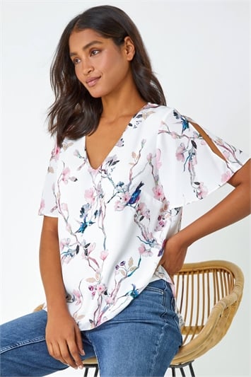 White Floral Angel Sleeve Top