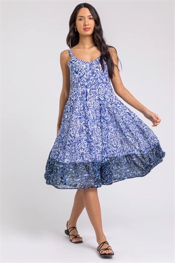 Blue Abstract Border Print Fit & Flare Dress