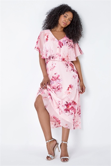 Pink Petite Floral Cape Style Midi Dress