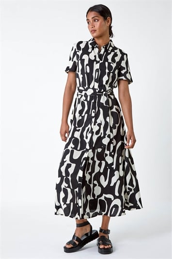 Black Abstract Print Fit & Flare Shirt Dress