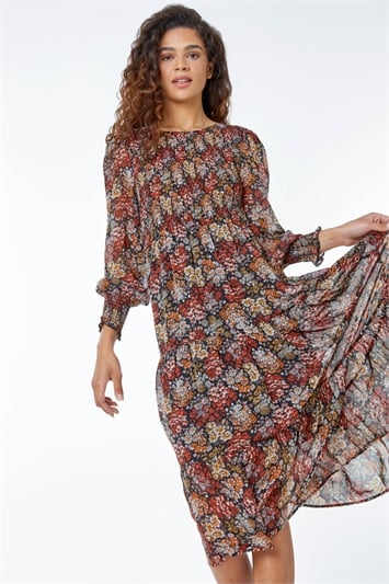 Rust Floral Print Tiered Shirred Midi Dress, Image 1 of 5