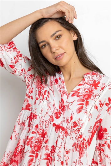 Red Floral Print Notch Neck Top, Image 4 of 4