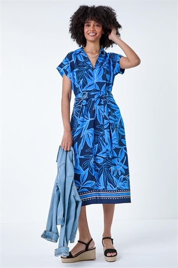 Blue Border Leaf Print Midi Dress